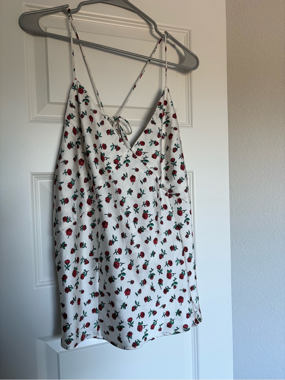 a new day White Floral Satin Cami with Red Rose Print